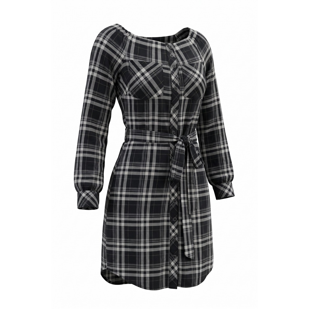 E.SSUE Women Black White Plaid Cotton Mini Shirt Dress Tie Waist Long Sleeve S